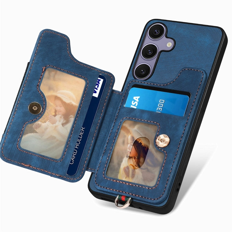 For Samsung Galaxy S25+ 5G Retro Skin-feel Ring Multi-card Wallet Phone Case(Blue) - Galaxy S25+ 5G Cases by buy2fix | Online Shopping UK | buy2fix