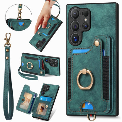 For Samsung Galaxy S25 Ultra 5G Retro Skin-feel Ring Multi-card Wallet Phone Case(Green) - Galaxy S25 Ultra 5G Cases by buy2fix | Online Shopping UK | buy2fix