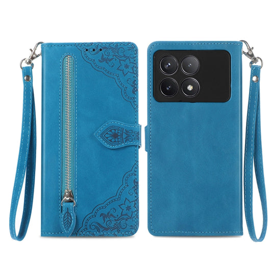 For Xiaomi Redmi K70 Embossed Flower Zipper Leather Phone Case(Blue) - K70 Cases by buy2fix | Online Shopping UK | buy2fix