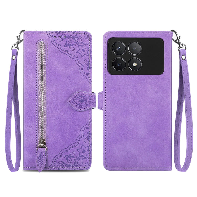 For Xiaomi Redmi K70 Embossed Flower Zipper Leather Phone Case(Purple) - K70 Cases by buy2fix | Online Shopping UK | buy2fix