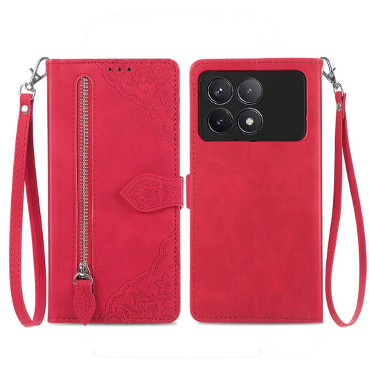 For Xiaomi Redmi K70 Embossed Flower Zipper Leather Phone Case(Red) - K70 Cases by buy2fix | Online Shopping UK | buy2fix