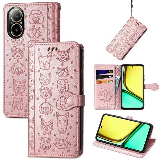 For Realme C67 4G Cat and Dog Embossed Leather Phone Case(Rose Gold) - C67 Cases by buy2fix | Online Shopping UK | buy2fix