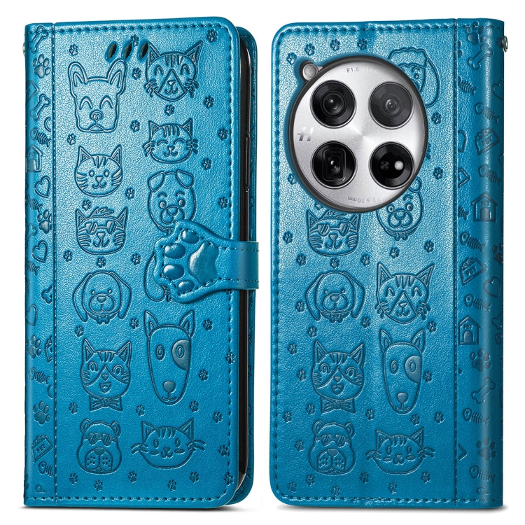 For OnePlus 12 Cat and Dog Embossed Leather Phone Case(Blue) - OnePlus Cases by buy2fix | Online Shopping UK | buy2fix