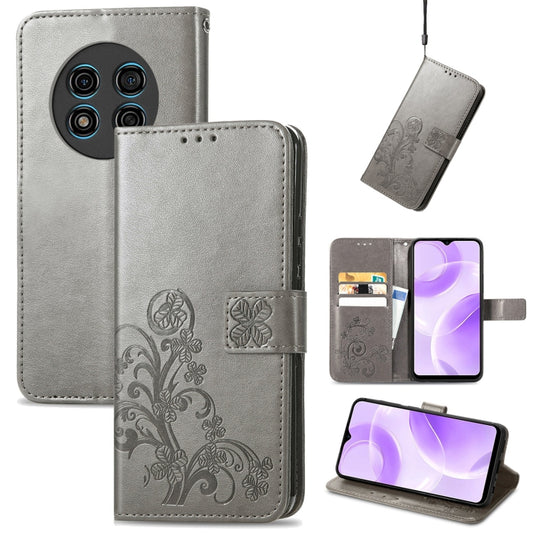 For Ulefone Note 15 Four-leaf Clasp Embossed Buckle Leather Phone Case(Grey) - Ulefone Cases by buy2fix | Online Shopping UK | buy2fix