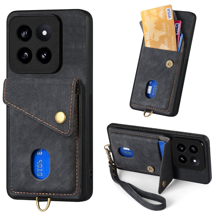 For Xiaomi 14 Pro Retro Card Wallet Fold Leather Phone Case with Strap(Black) - 14 Pro Cases by buy2fix | Online Shopping UK | buy2fix