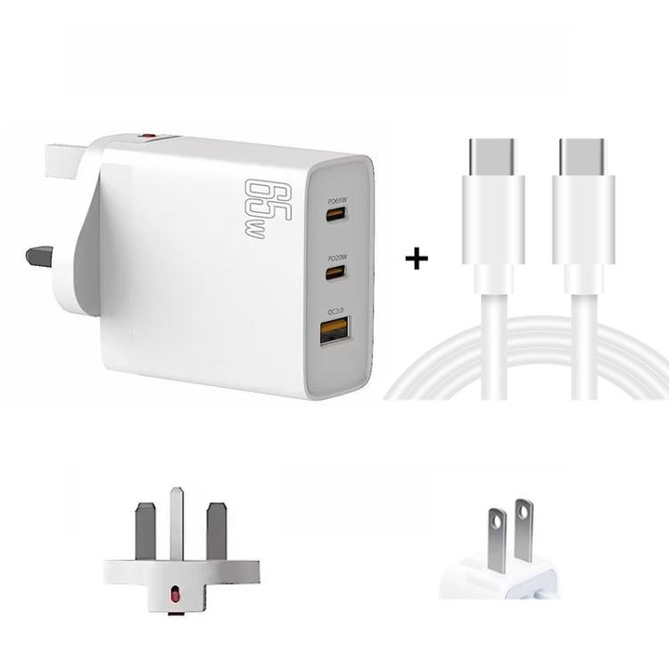 GAN 65W PD45W Dual Type-C / QC3.0 USB  Multi Compatible Charger + 2m USB-C to USB-C Data Cable UK + US Plug White - Cable & Adapter by buy2fix | Online Shopping UK | buy2fix