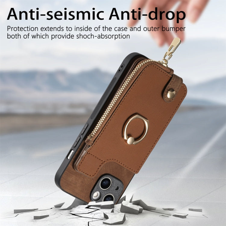 For iPhone 16 Cross Leather Ring Vertical Zipper Wallet Back Phone Case(Brown) - iPhone 16 Cases by buy2fix | Online Shopping UK | buy2fix