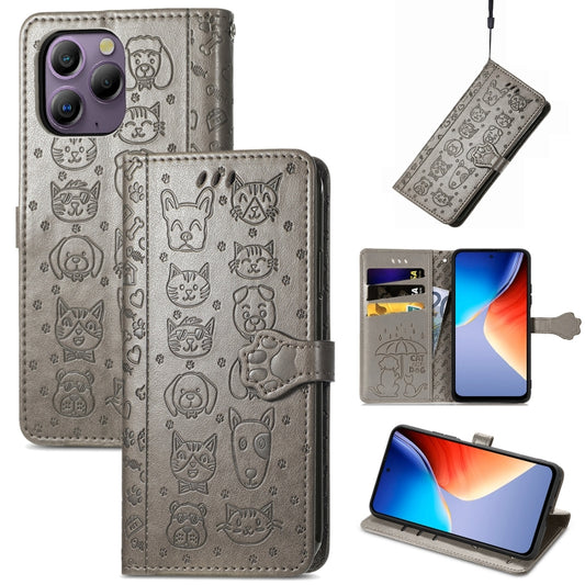 For Blackview A96 Cat and Dog Embossed Leather Phone Case(Grey) - More Brand by buy2fix | Online Shopping UK | buy2fix