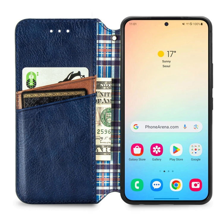 For Samsung Galaxy S25 5G Cubic Grid Pressed Magnetic Leather Phone Case(Blue) - Galaxy S25 5G Cases by buy2fix | Online Shopping UK | buy2fix