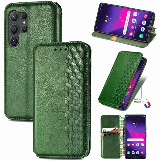 For Samsung Galaxy S24 Ultra 5G Cubic Grid Pressed Magnetic Leather Phone Case(Green) - Galaxy S24 Ultra 5G Cases by buy2fix | Online Shopping UK | buy2fix