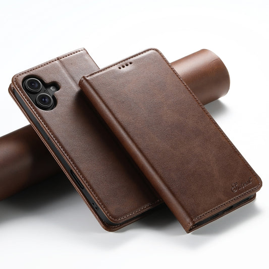 For iPhone 16 Plus Suteni Calf Texture Horizontal Flip Leather Phone Case(Brown) - iPhone 16 Plus Cases by Suteni | Online Shopping UK | buy2fix