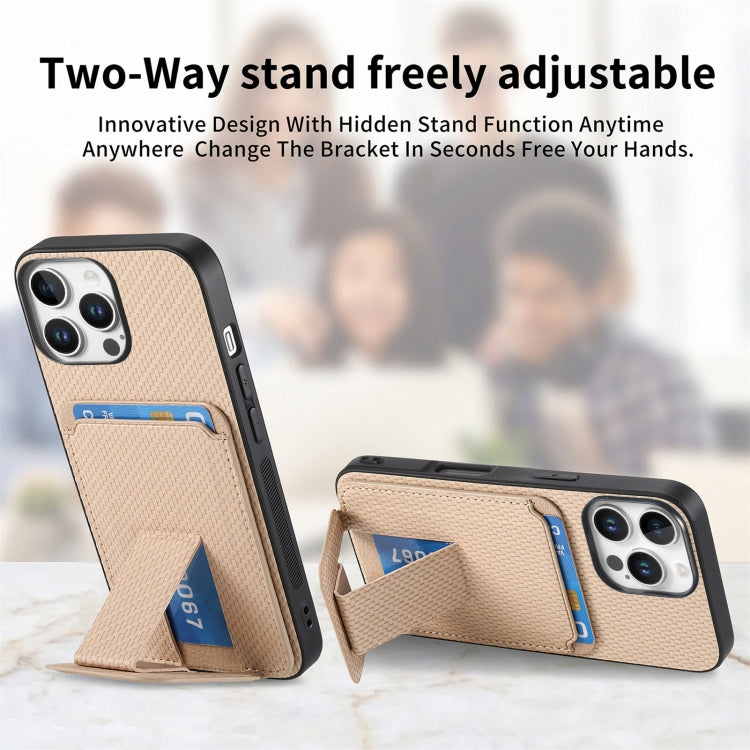 For iPhone 16 Pro Max Carbon Fiber Card Bag Fold Stand Phone Case(Khaki) - iPhone 16 Pro Max Cases by buy2fix | Online Shopping UK | buy2fix