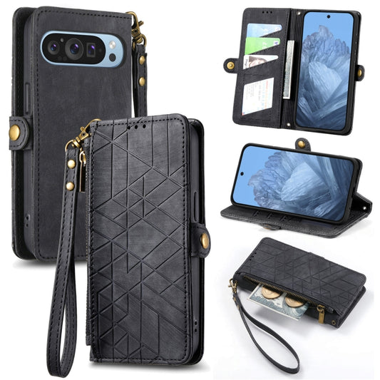 For Google Pixel 9 Geometric Zipper Wallet Side Buckle Leather Phone Case(Black) - Google Cases by buy2fix | Online Shopping UK | buy2fix