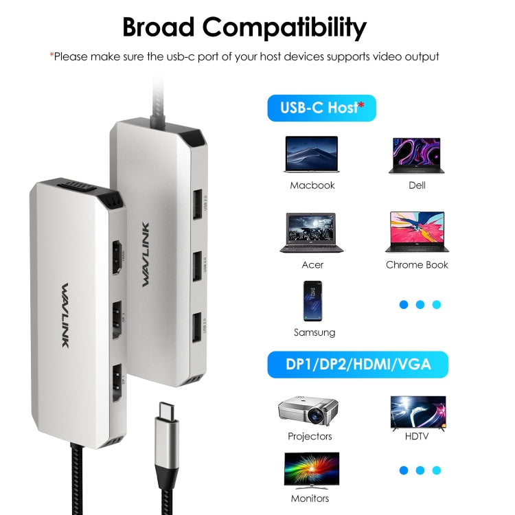 WAVLINK WL-UMD307 Type-C to 2DP + 4K HD + VGA + 3 x USB2.0 HUB Docking Station - USB HUB by WAVLINK | Online Shopping UK | buy2fix