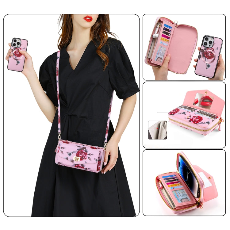 For iPhone 14 MagSafe Flower Multi-functional Crossbody Zipper Wallet Leather Phone Case(Pink) - iPhone 14 Cases by buy2fix | Online Shopping UK | buy2fix