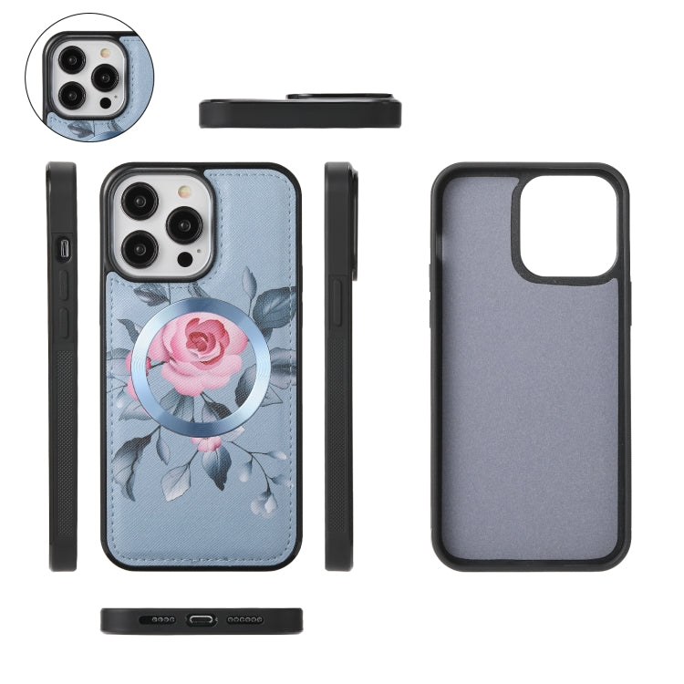 For iPhone 14 Pro MagSafe Flower Multi-functional Crossbody Zipper Wallet Leather Phone Case(Blue) - iPhone 14 Pro Cases by buy2fix | Online Shopping UK | buy2fix