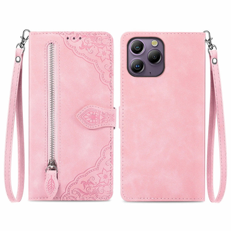 For Blackview A96 Embossed Flower Zipper Leather Phone Case(Pink) - More Brand by buy2fix | Online Shopping UK | buy2fix