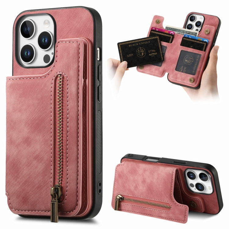 For iPhone 16 Pro Max Retro Leather Zipper Wallet Back Phone Case(Pink) - More iPhone Cases by buy2fix | Online Shopping UK | buy2fix