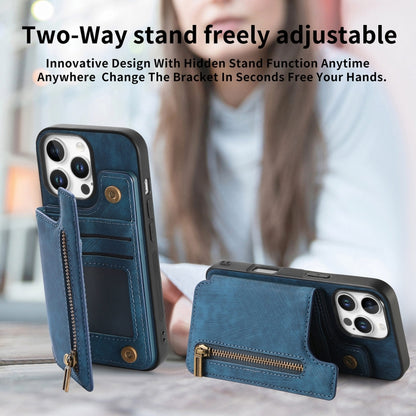 For iPhone 16 Pro Max Retro Leather Zipper Wallet Back Phone Case(Blue) - More iPhone Cases by buy2fix | Online Shopping UK | buy2fix