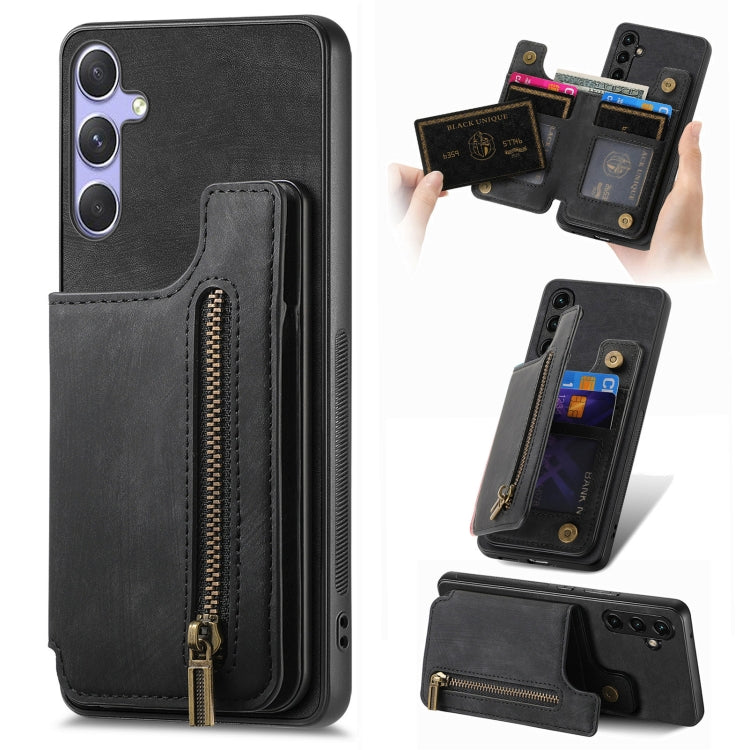 For Samsung Galaxy S25 5G Retro Leather Zipper Wallet Back Phone Case(Black) - Galaxy S25 5G Cases by buy2fix | Online Shopping UK | buy2fix