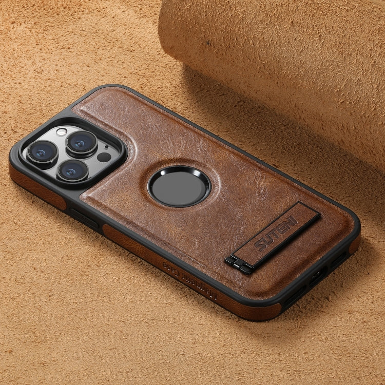 For iPhone 12 Pro Max Suteni G2 Magsafe Oil Wax Leather Back Phone Case with Holder(Brown) - iPhone 12 Pro Max Cases by Suteni | Online Shopping UK | buy2fix
