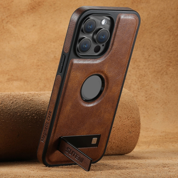 For iPhone 12 Pro Suteni G2 Magsafe Oil Wax Leather Back Phone Case with Holder(Brown) - iPhone 12 / 12 Pro Cases by Suteni | Online Shopping UK | buy2fix