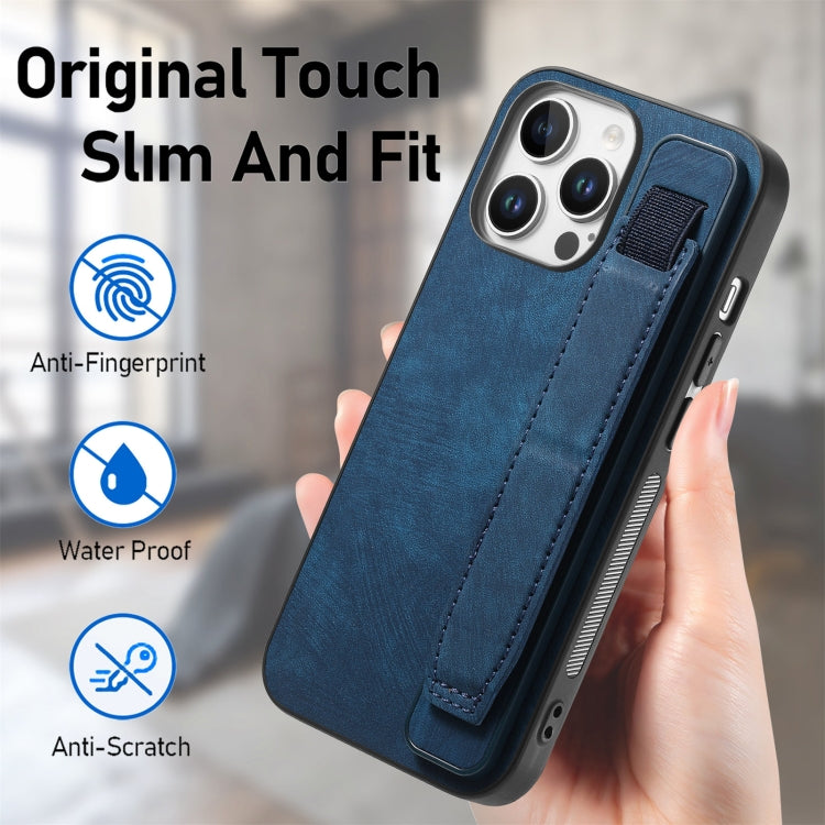 For iPhone 16 Pro Retro Wristband Holder Leather Back Phone Case(Blue) - iPhone 16 Pro Cases by buy2fix | Online Shopping UK | buy2fix