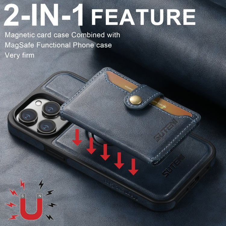 For iPhone 16 Pro Suteni M1 Oil Wax MagSafe Detachable Horizontal Card Bag Phone Case(Blue) - iPhone 16 Pro Cases by Suteni | Online Shopping UK | buy2fix