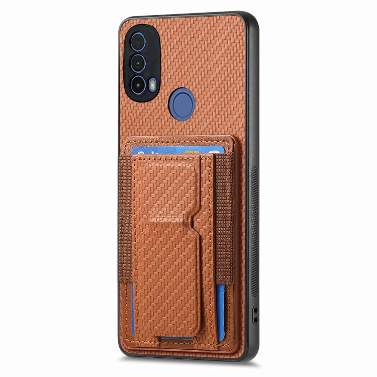 For Motorola Moto G Power 5G 2024 Carbon Fiber Fold Stand Elastic Card Bag Phone Case(Brown) - Motorola Cases by buy2fix | Online Shopping UK | buy2fix