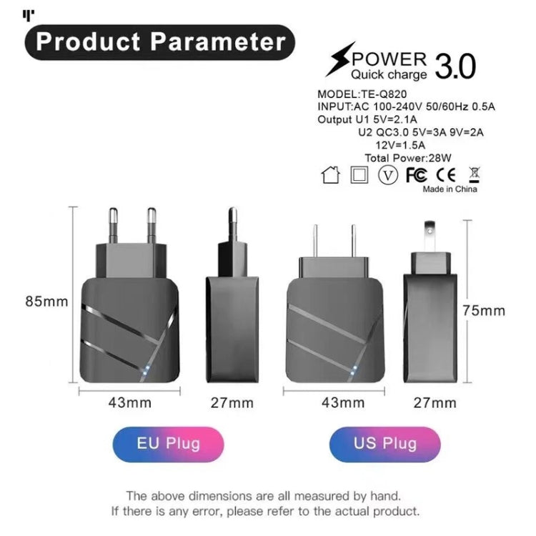 TE-Q820 28W Dual USB QC3.0 18W Mobile Phone Charger, US Plug(Black) - USB Charger by buy2fix | Online Shopping UK | buy2fix