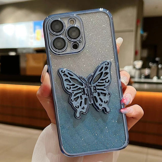 For iPhone 16 Electroplated Gradient Glitter 3D Butterfly TPU Phone Case(Gradient Blue) - iPhone 16 Cases by buy2fix | Online Shopping UK | buy2fix