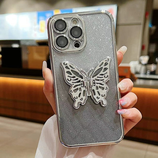 For iPhone 16 Electroplated Gradient Glitter 3D Butterfly TPU Phone Case(Gradient Silver) - iPhone 16 Cases by buy2fix | Online Shopping UK | buy2fix