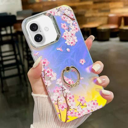 For iPhone 16 Plus Electroplating Laser Flower Ring Holder TPU Phone Case(Peach Blossom AH4) - iPhone 16 Plus Cases by buy2fix | Online Shopping UK | buy2fix