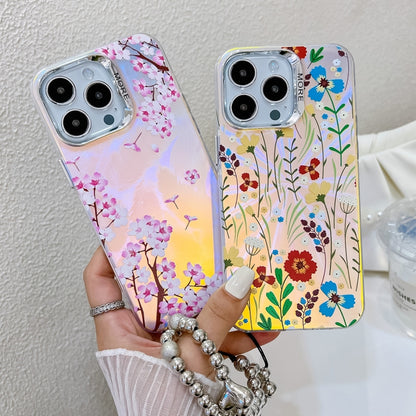 For iPhone 16 Plus Electroplating Laser Flower Phone Case with Wrist Strap(Zinnia AH9) - iPhone 16 Plus Cases by buy2fix | Online Shopping UK | buy2fix