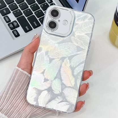 For iPhone 16 Plating Glitter Texture TPU Phone Case with Lens Film(White Feathers) - iPhone 16 Cases by buy2fix | Online Shopping UK | buy2fix