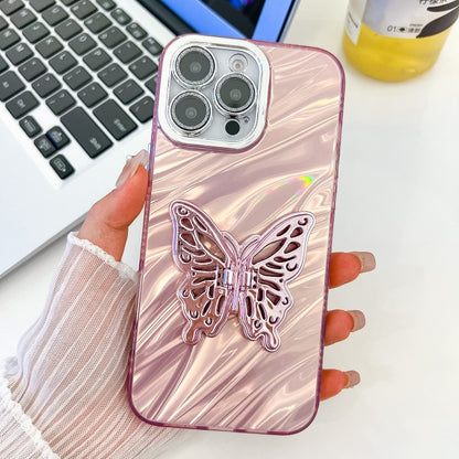 For iPhone 16 Pro Max Plating Glitter Texture Butterfly Holder TPU Phone Case with Lens Film(Pink Water Ripples) - iPhone 16 Pro Max Cases by buy2fix | Online Shopping UK | buy2fix