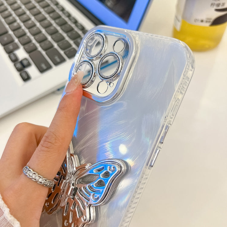 For iPhone 16 Pro Max Plating Glitter Texture Butterfly Holder TPU Phone Case with Lens Film(White Tinfoil Texture) - iPhone 16 Pro Max Cases by buy2fix | Online Shopping UK | buy2fix