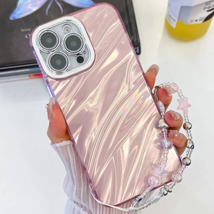 For iPhone 16 Pro Plating Glitter Texture Chain Wristband TPU Phone Case with Lens Film(Pink Water Ripples) - iPhone 16 Pro Cases by buy2fix | Online Shopping UK | buy2fix