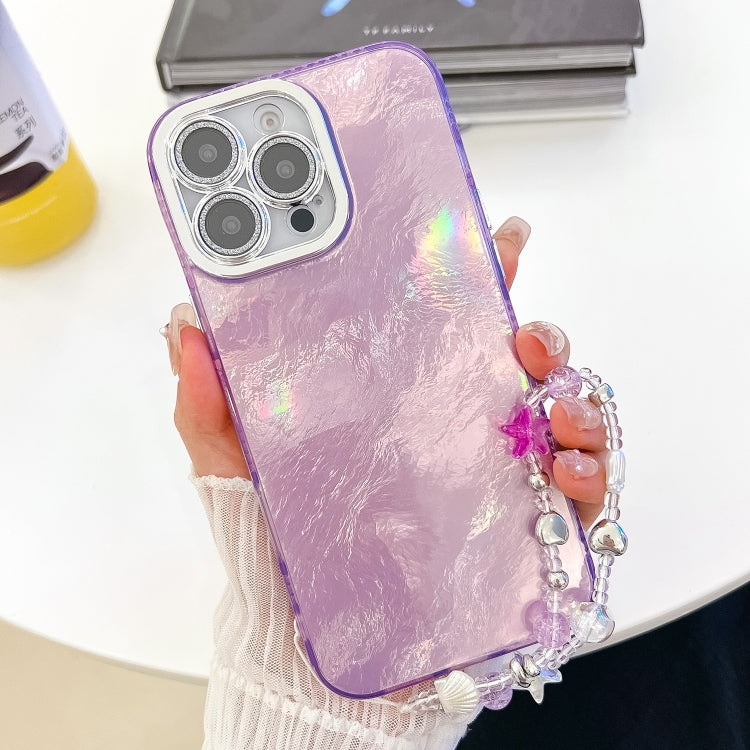 For iPhone 16 Plus Plating Glitter Texture Chain Wristband TPU Phone Case with Lens Film(Purple Tinfoil Texture) - iPhone 16 Plus Cases by buy2fix | Online Shopping UK | buy2fix