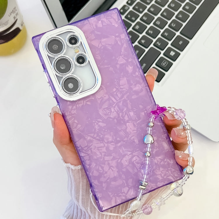 For Samsung Galaxy S25 Ultra 5G Plating Glitter Texture Chain Wristband TPU Phone Case with Lens Film(Purple Shell Pattern) - Galaxy S25 Ultra 5G Cases by buy2fix | Online Shopping UK | buy2fix