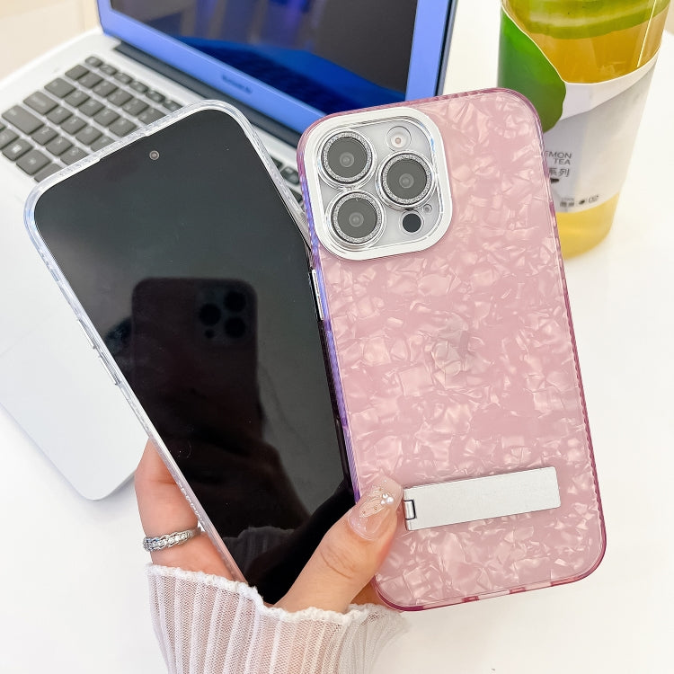 For iPhone 16 Plating Glitter Texture Fold Holder TPU Phone Case with Lens Film(Pink Feather Yarn) - iPhone 16 Cases by buy2fix | Online Shopping UK | buy2fix