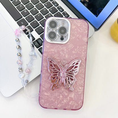 For iPhone 16 Pro Plating Glitter Lens Film Texture Butterfly Holder Wristband Phone Case(Pink Shell Pattern) - iPhone 16 Pro Cases by buy2fix | Online Shopping UK | buy2fix