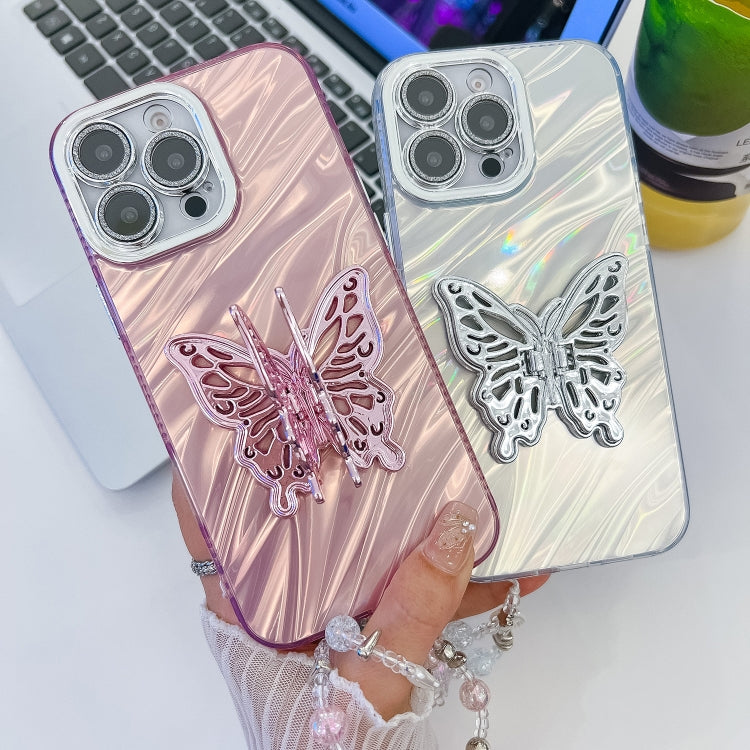 For iPhone 16 Plating Glitter Lens Film Texture Butterfly Holder Wristband Phone Case(White Tinfoil Texture) - iPhone 16 Cases by buy2fix | Online Shopping UK | buy2fix