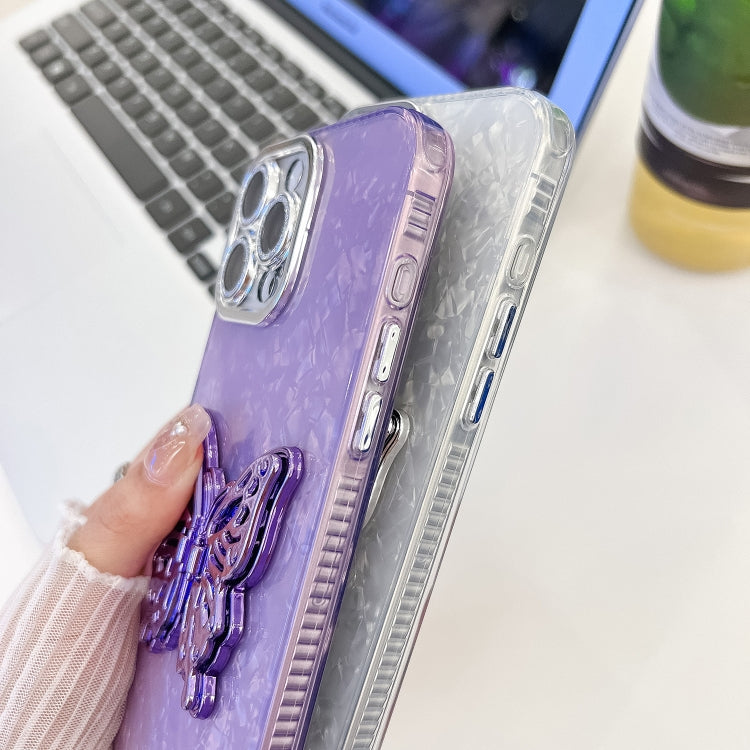 For iPhone 16 Pro Plating Glitter Lens Film Texture Butterfly Holder Wristband Phone Case(Purple Tinfoil Texture) - iPhone 16 Pro Cases by buy2fix | Online Shopping UK | buy2fix