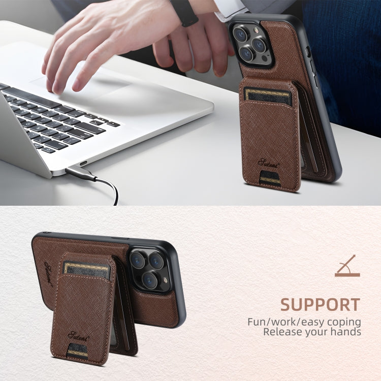 For iPhone 15 Pro Suteni H18 Cross Grain MagSafe Wallet Leather Phone Case(Brown) - iPhone 15 Pro Cases by Suteni | Online Shopping UK | buy2fix