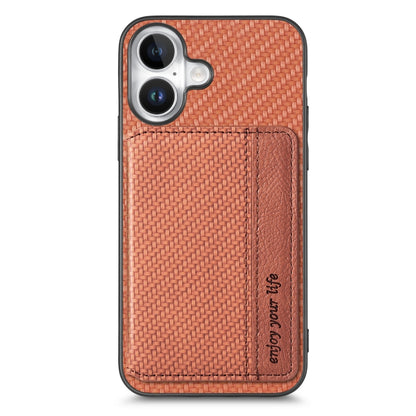 For iPhone 16 Plus Carbon Fiber Magnetic Card Wallet RFID Blocking Phone Case(Brown) - iPhone 16 Plus Cases by buy2fix | Online Shopping UK | buy2fix