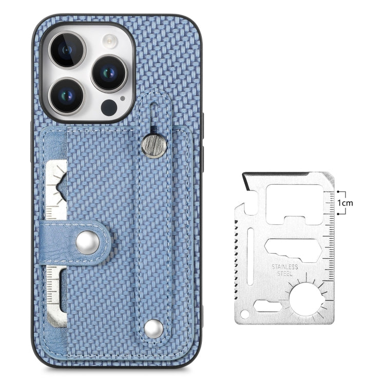 For iPhone 16 Pro Max Wristband Kickstand Card Wallet Back Phone Case with Tool Knife(Blue) - iPhone 16 Pro Max Cases by buy2fix | Online Shopping UK | buy2fix