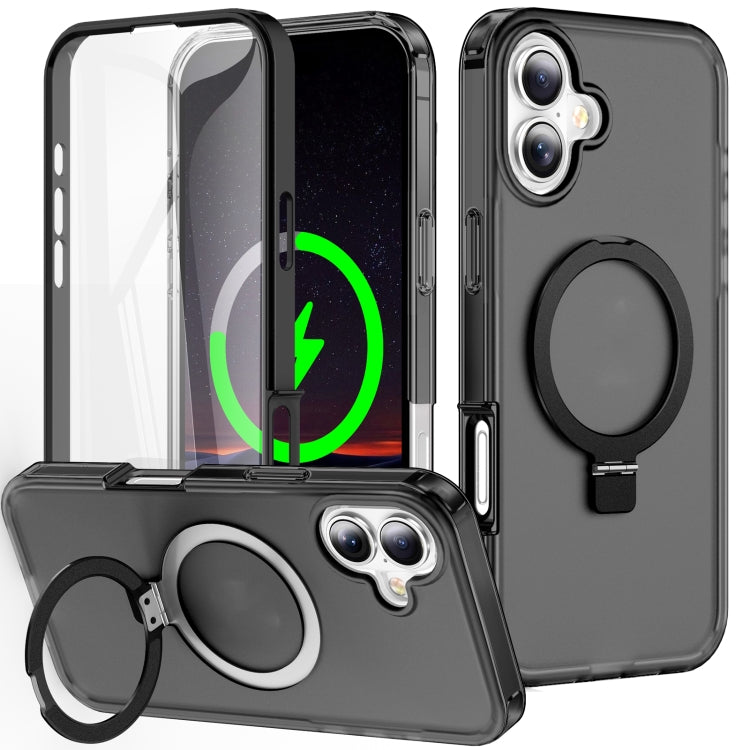 For iPhone 16 Plus Frosted Skin Feel MagSafe Holder 360 Full Body Phone Case(Black) - iPhone 16 Plus Cases by buy2fix | Online Shopping UK | buy2fix