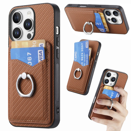 For iPhone 16 Pro Carbon Fiber Card Wallet Ring Phone Case(Brown) - iPhone 16 Pro Cases by buy2fix | Online Shopping UK | buy2fix