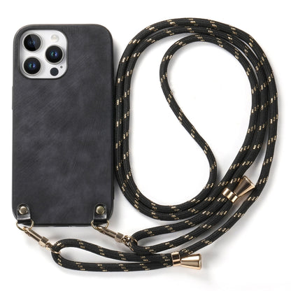 For iPhone 16 Pro Max Vintage Leather PC Back Cover Phone Case with Crossbody Strap(Black) - iPhone 16 Pro Max Cases by buy2fix | Online Shopping UK | buy2fix